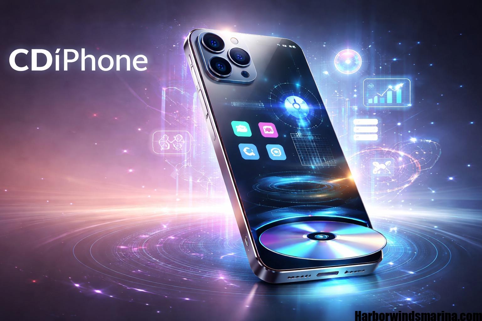 Futuristic CDiPhone concept smartphone showing hybrid storage with disc-based media and AI-powered mobile technology