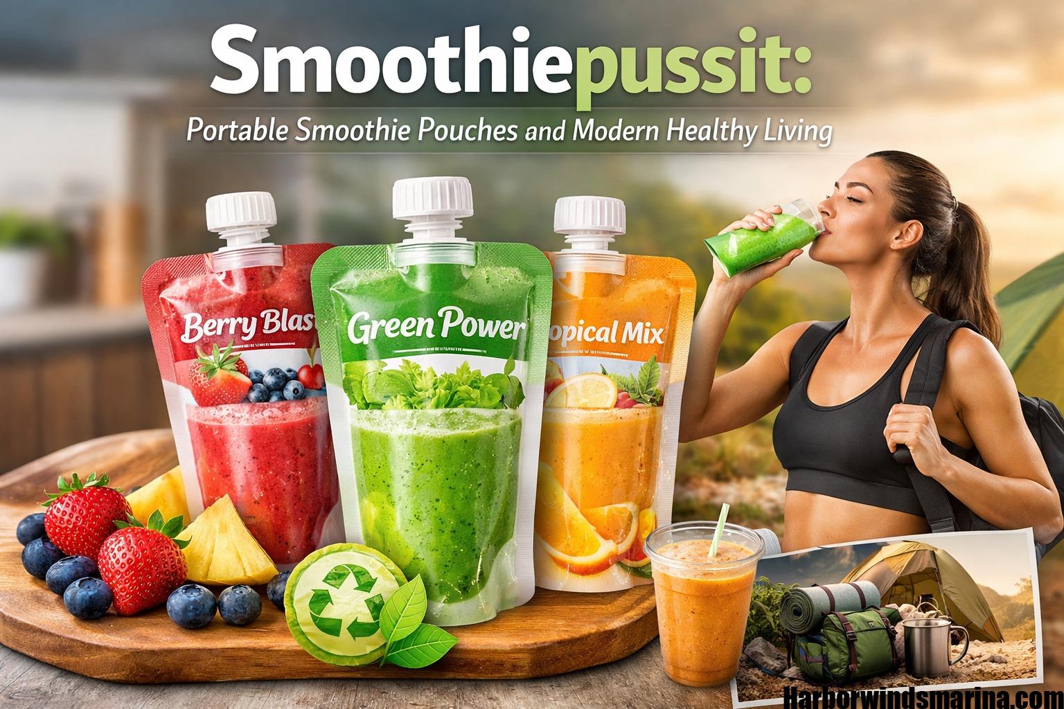 Colorful portable smoothie pouches filled with fresh fruit smoothies, displayed on a counter and in a backpack, surrounded by fresh fruits like berries, bananas, and spinach.