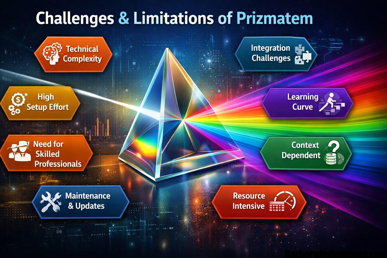 Infographic showing the challenges and limitations of the Prizmatem framework with a prism splitting light into colors and highlighting technical complexity, integration challenges, learning curve, and resource requirements.