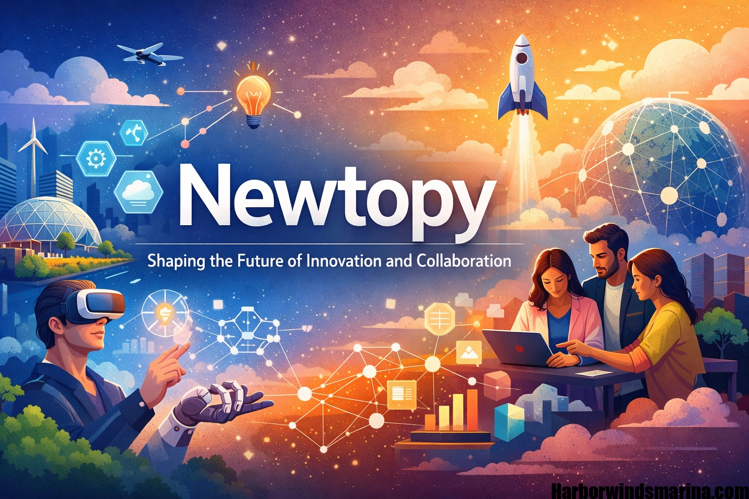 Illustration of Newtopy platform showing digital collaboration, AI, VR, blockchain, and teamwork in a futuristic and innovative environment