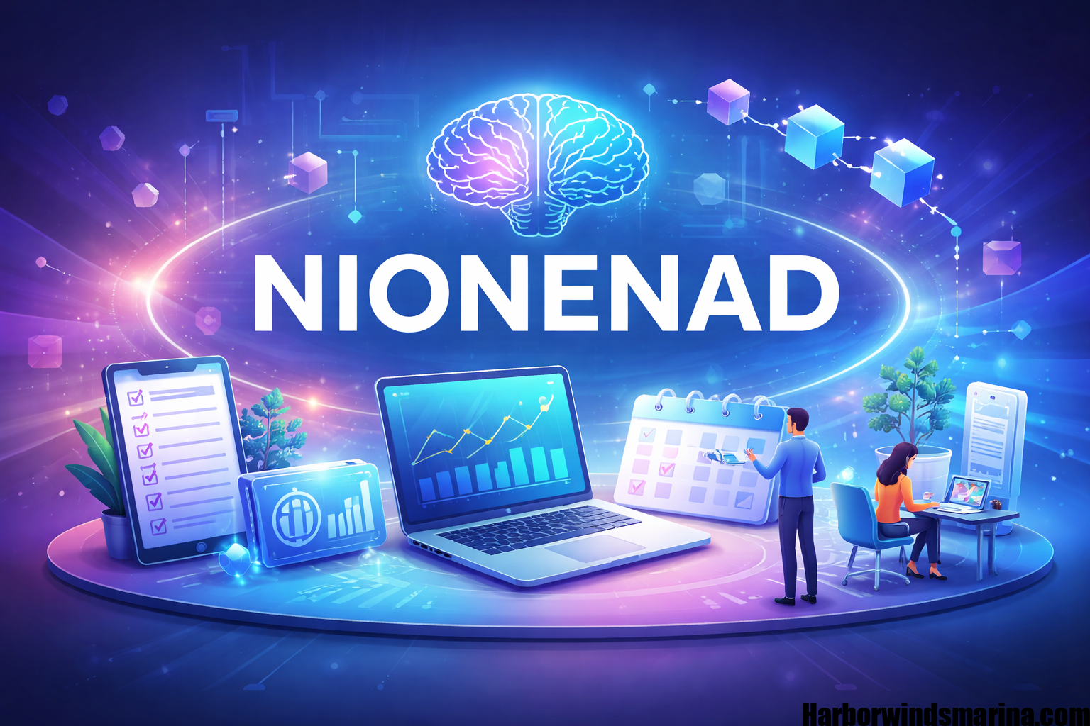 Illustration of Nionenad concept showing AI, smart devices, analytics, and digital workflow integration.