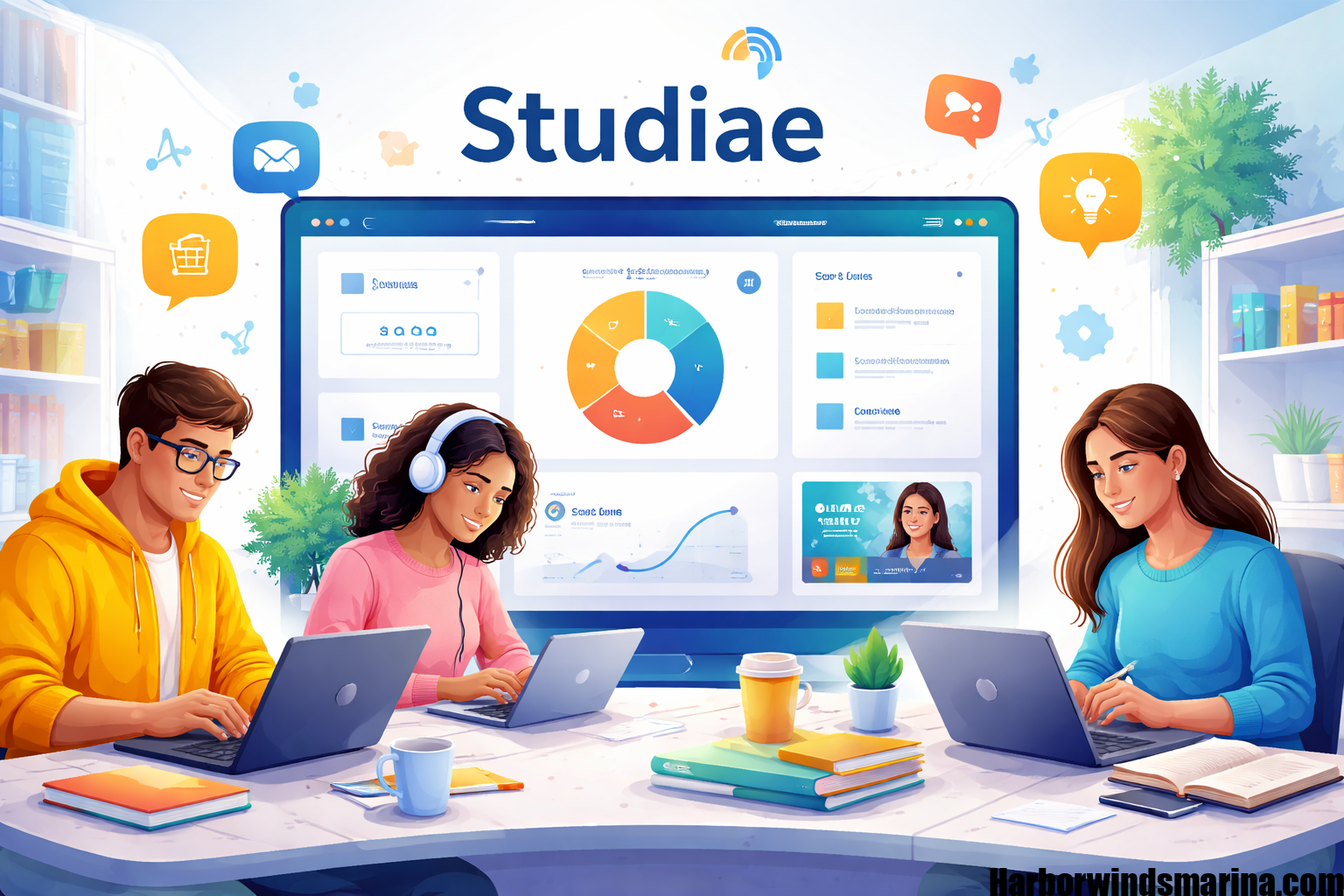 Studiae online learning platform with students using laptops and interactive dashboard