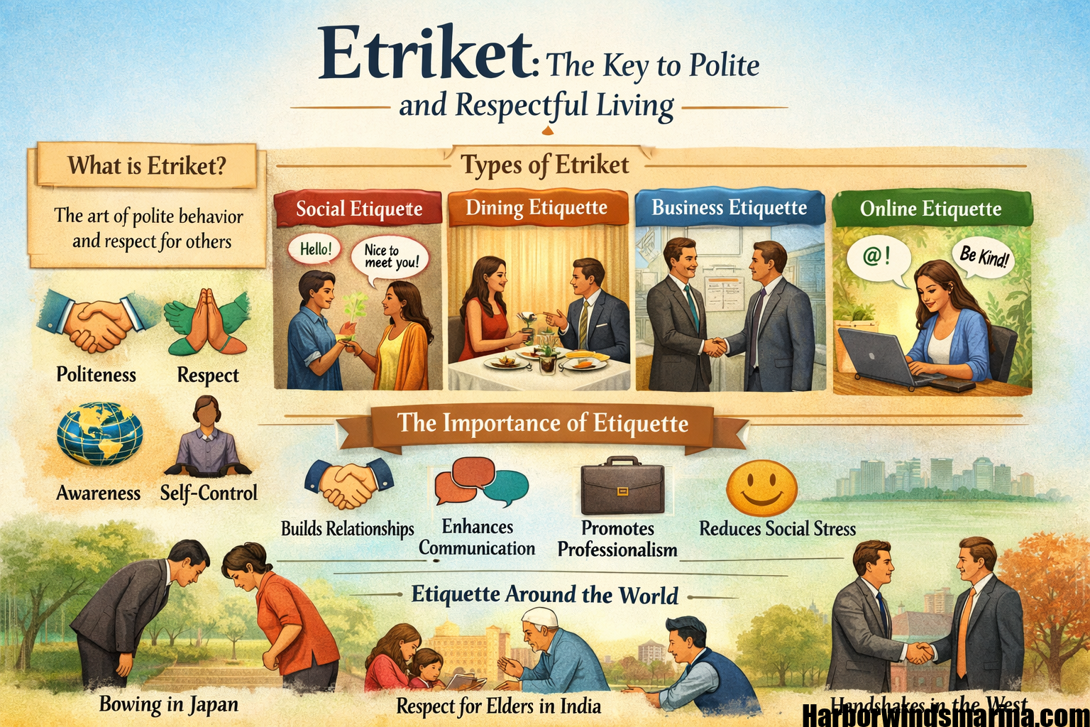 Illustration showing different types of Etriket including social etiquette, dining etiquette, business etiquette, and online etiquette promoting polite and respectful behavior.