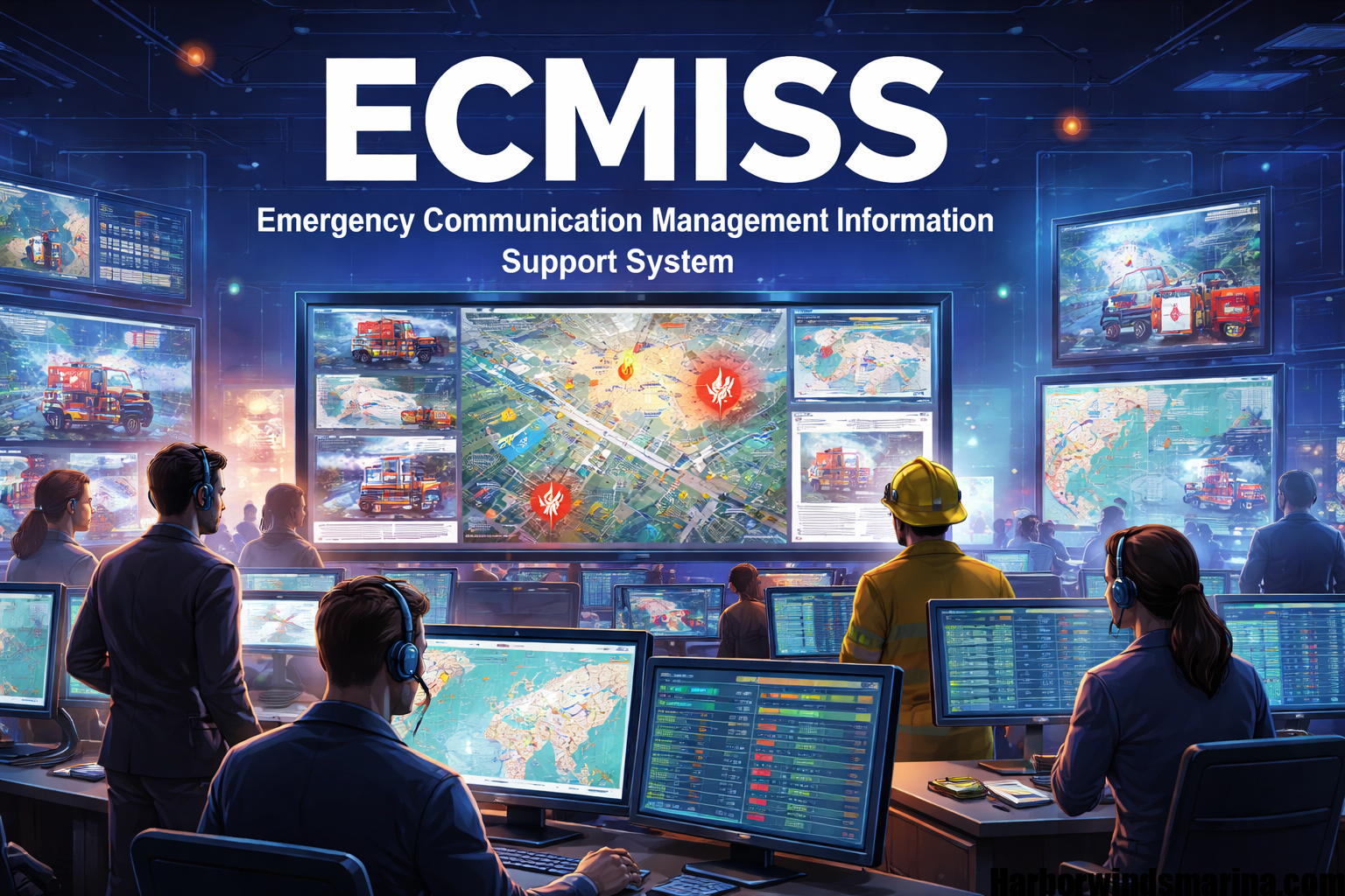 Emergency responders using ECMISS software in a command center with real-time maps, alerts, and data dashboards for disaster management.